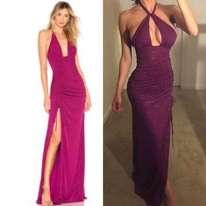 H:ours Magenta Glitter halter max dress plunge XXS